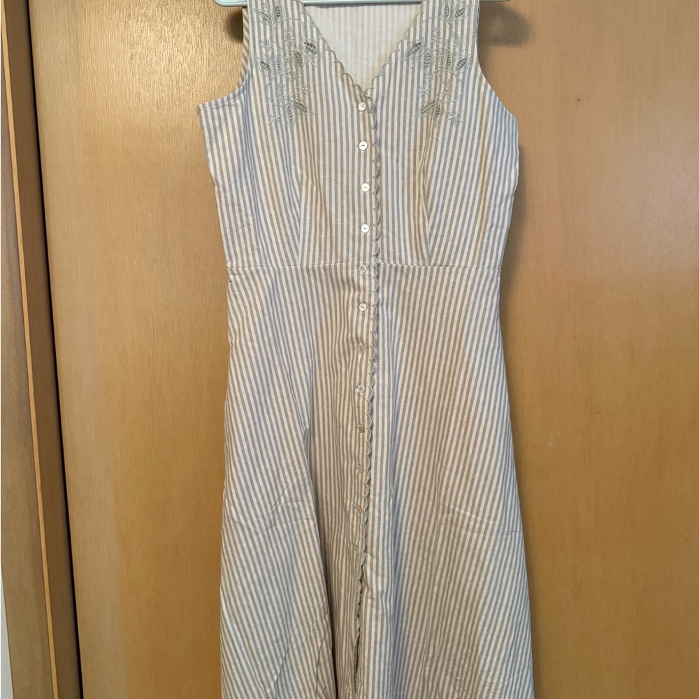 Tecovas Sleeveless Striped Embroidered Button-Front dress in green and cream
